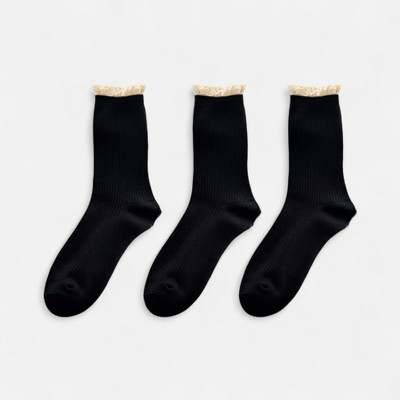 Anna-Kaci Women's 3-Pack Ribbed Crew Socks with Soft Lace Trim and Comfortable Stretch Knit Design