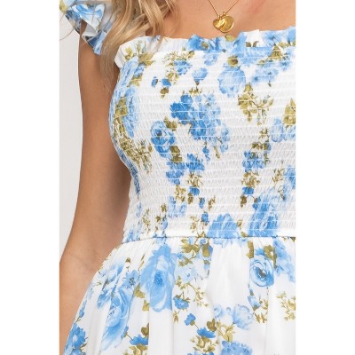 Blue Floral Polyester Sleeveless Midi Dress with Square Neck