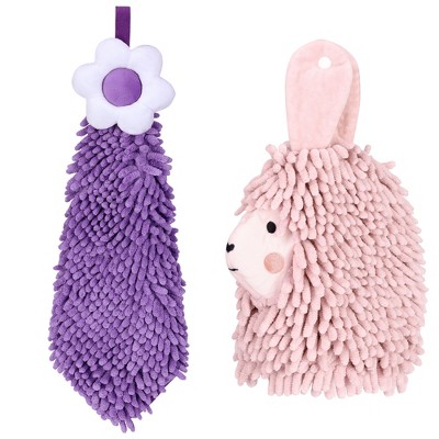REGALWOVEN Soft Absorbent Flower Pattern and Sheep Pattern Chenille Hand Towel with Loop 6" x 15"/7" x 11" 2 Pcs