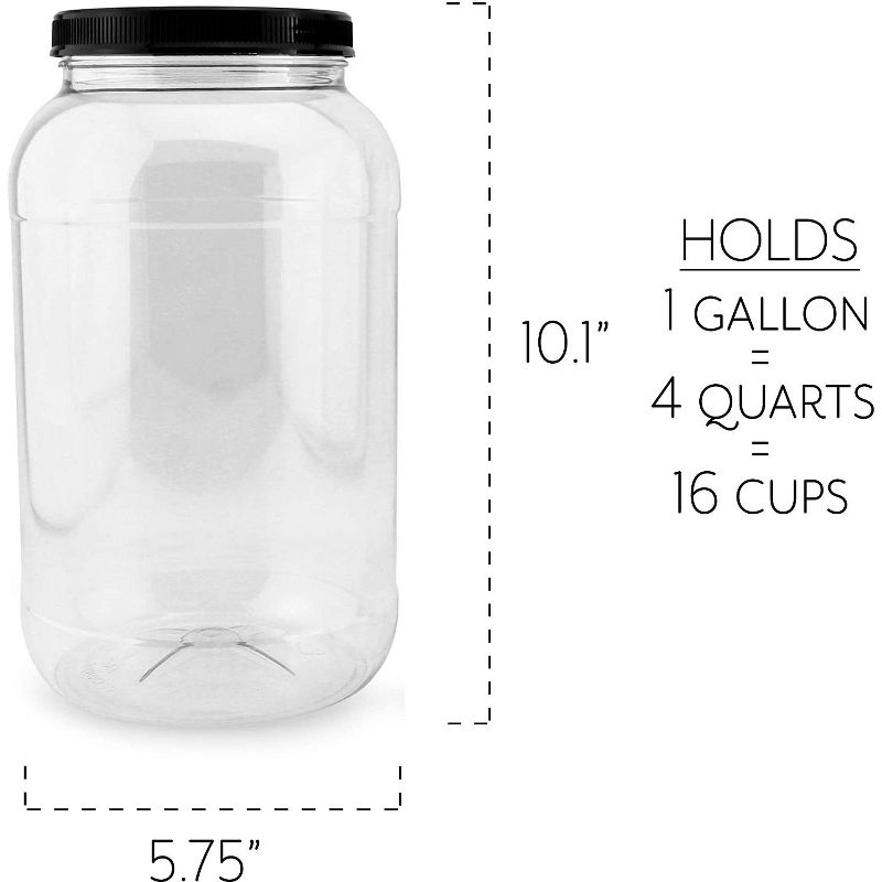 Cornucopia Brands Round Gallon Plastic Jars 2pk; Clear Round Containers w/ Black Ribbed Lids 4-Quart Large Size, 2 of 6