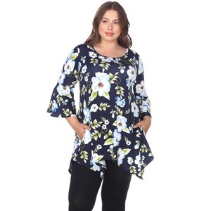 Women's Plus Size Floral Printed Blanche Tunic Top with Pockets - White Mark - 1 of 3