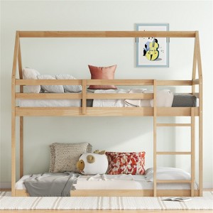 RISOKEYS Twin over Twin Rubber Wood Floor Bunk Bed - House-Shaped Bunk Bed Frame with Ladder and Guardrails, Floor Bunk Bed for Kids & Teens - 1 of 4