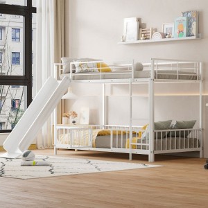 Twin over Twin Size Metal Bunk Bed with Slide and Guardrails, White - 1 of 4