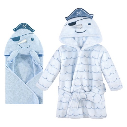 Hudson Baby Infant Boy Cotton Animal Face Hooded Towel and Plush Bathrobe Bundle Set, Narwhal, 0-9 Months - image 1 of 3