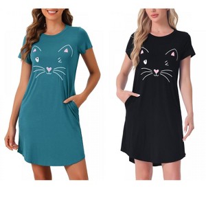 INSPIRE CHIC Women's 2 Pcs Cats Printing Pajamas Cute Printed Sleep Dress Short Sleeve Nightgowns - 1 of 4