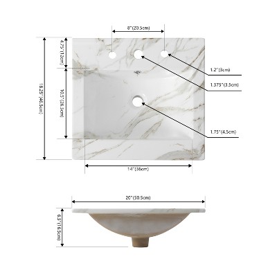 Ancillary 20" White Marble Effect Ceramic Rectangular Single Sink Basin Vanity Top