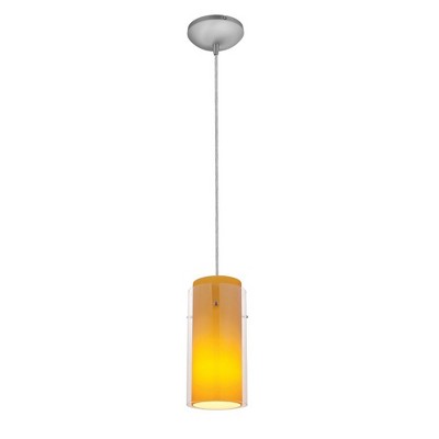 Brushed Steel and Amber Glass Cylinder Pendant Light