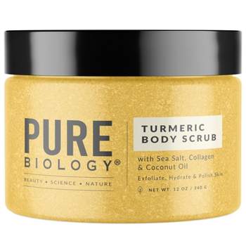 Turmeric Body Scrub with Collagen & Coconut Oil, Exfoliate Hydrate & Polish Skin, Unscented, Pure Biology, 12oz
