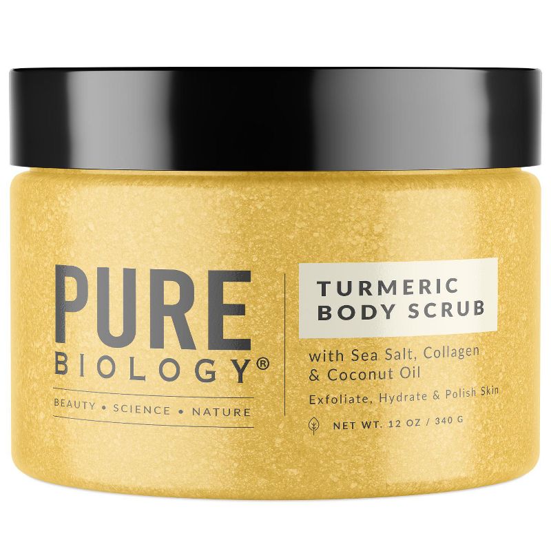 Turmeric Body Scrub with Collagen & Coconut Oil, Exfoliate Hydrate & Polish Skin, Unscented, Pure Biology, 12oz, 1 of 7