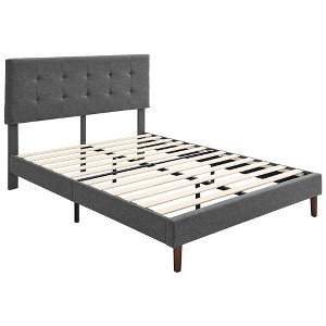 BIKAHOM Upholstered Platform Bed with Square Stitch Headboard, Dark Grey - 1 of 4