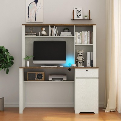 INFURNIC Decorative Bookshelf Wood Executive Desk Teens Student Desk with Hutch and Drawers for Office Study, White, 51.18"*24.8"*59.44"