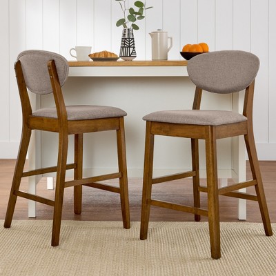 Walnut and Gray Upholstered Wood Counter Height Bar Stool Set, 2-Piece