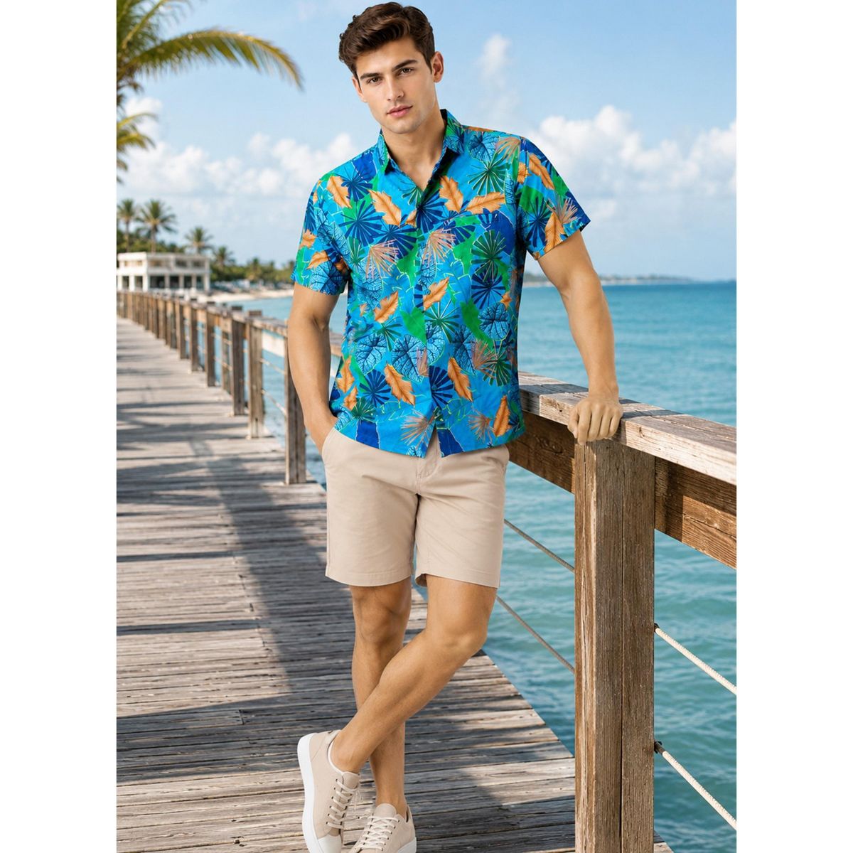 LA LEELA Men's Hawaiian Short Sleeve Button Down Shirt Mens Casual Shirts Holiday Tropical Beach Summer Party Shirts for Men Funny 5XL Blue, Leaf - thumbnail 4
