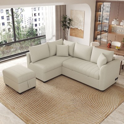 Isabel L-shaped Sectional Sofa Bed with 2 USB Ports, 2 Power Sockets and a Movable Storage Ottoman, Indoor Furniture - Maison Boucle