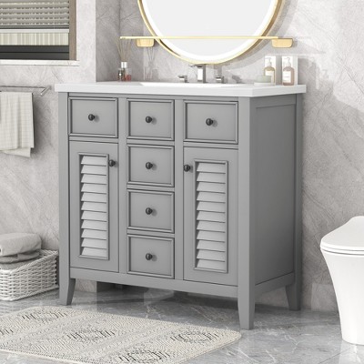 36" Solid Wood Frame Bathroom Vanity with Ceramic Sink, Two Cabinets, and Five Drawers - ModernLuxe
