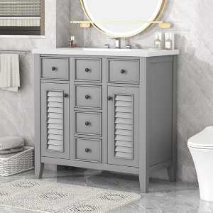 36" Solid Wood Frame Bathroom Vanity with Ceramic Sink, Two Cabinets, and Five Drawers - ModernLuxe - 1 of 4
