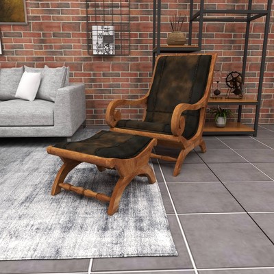 Traditional Dark Brown Leather Accent Chair and Ottoman Set