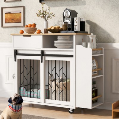 2-in-1 Dog Crate Kitchen Island with Storage, Indoor Furniture Style Pet Kennel End Table for Kitchen or Living Room-The Pop Home