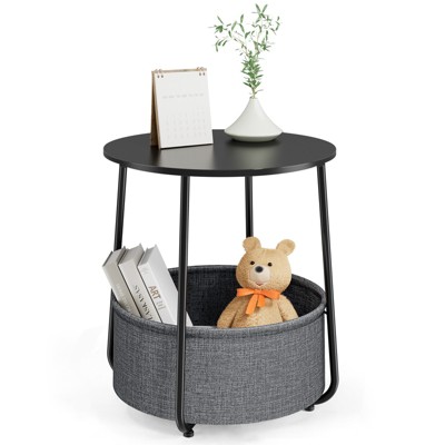 Glasflength Desks Round Edge End Table in Living Room, Nightstand, Bedroom Small Side Table with Fabric Basket, Steel Frame, Black 20"*20"*25"