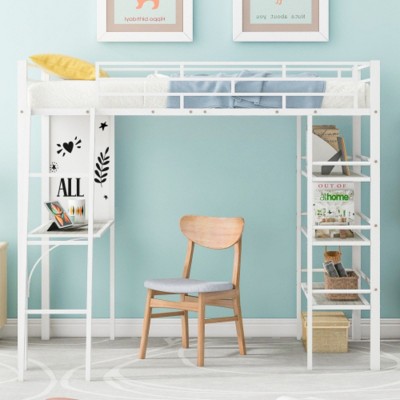 Twin Size Loft Metal Bed with 3 Layers of Shelves and Desk, Stylish Metal Frame Bed with Whiteboard, Black