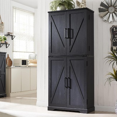 SinCiDo Farmhouse Kitchen Pantry with Barn Doors and Adjustable Shelves, 72″ Storage Cabinet, Rustic Wood Cupboard for Kitchen, Black