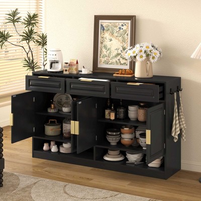 Sideboard open with cabinets revealing inside shelves and dishes