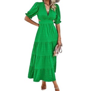 Coolmee Womens Boho Summer Dress Puff Sleeve V Neck Back Hollow Elastic Waist Beach Maxi Dresses - 1 of 4