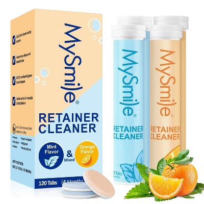 MySmile Retainer Cleaner 120 Tablets, Remove Odors, Stains & Plaque from Aligners, Mouth Guards & More (Mint & Orange Flavor)