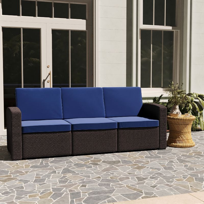 Merrick Lane Outdoor Furniture Resin Sofa Faux Rattan Wicker Pattern Patio 3-Seat Sofa With All-Weather Cushions, 2 of 11