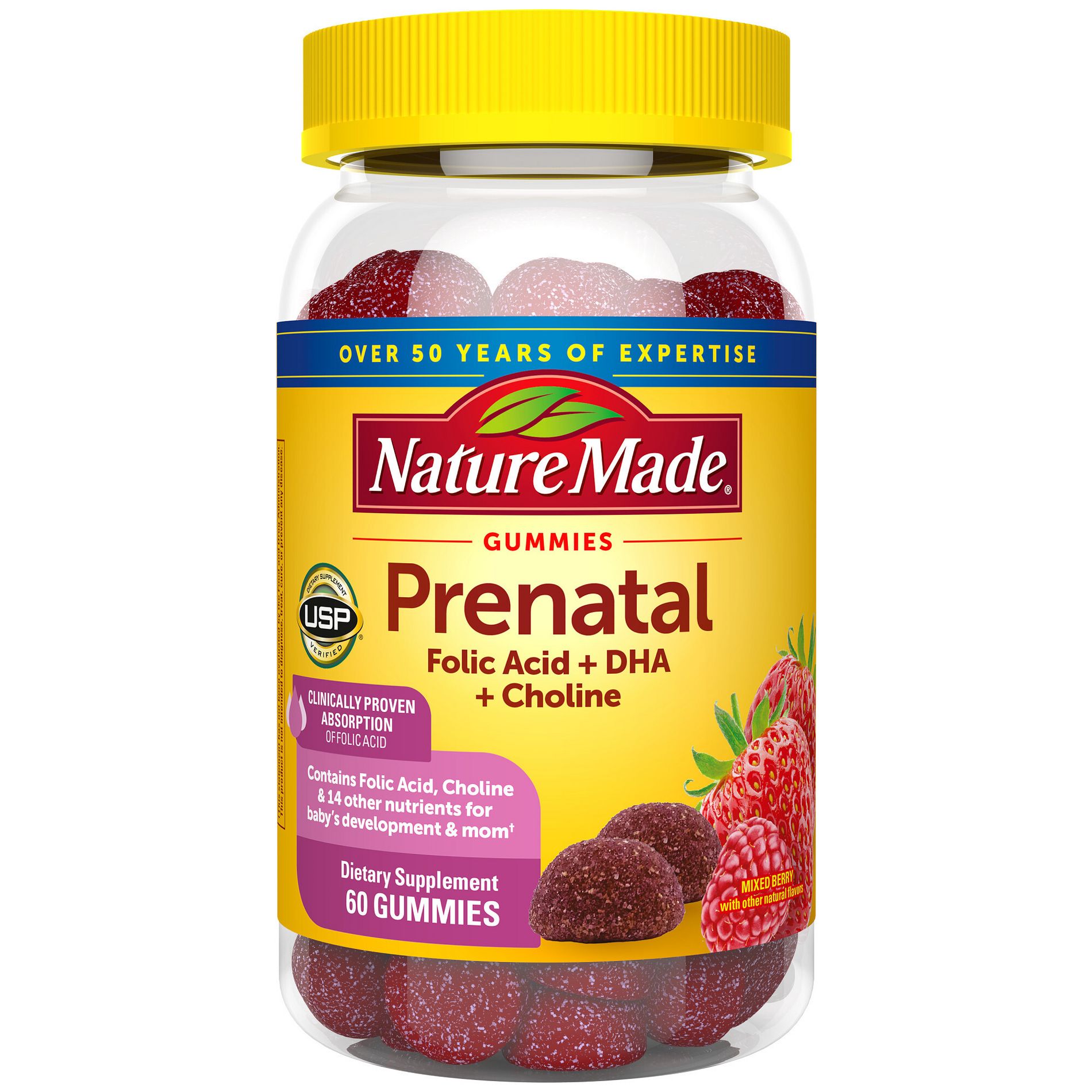 Nature Made Prenatal Gummies with DHA and Folic Acid, Prenatal Vitamin and Mineral Supplement, USP Verified - 60ct
