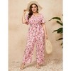 Women's Plus Size Wide Leg Floral Jumpsuits Casual Summer Outfits with Belt Bell Sleeve Smocked Floral Pink Flower 3XL - 2 of 4