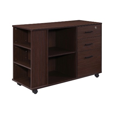Walnut Mobile 3-Drawer Lockable Filing Cabinet with Open Shelves