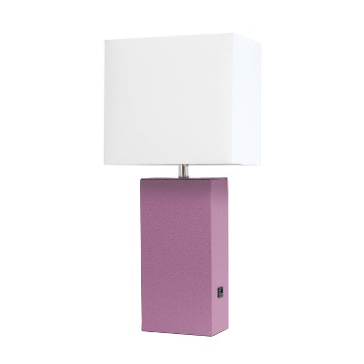 Modern Leather Table Lamp with USB and Fabric Shade Purple - Elegant Designs