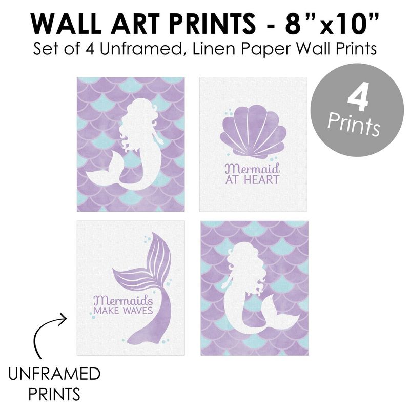 Big Dot of Happiness Let's Be Mermaids - Unframed Purple & Teal Mermaid Tail Nursery or Kids Room Linen Paper Wall Art Set of 4 Artisms 8 x 10 inches, 5 of 8