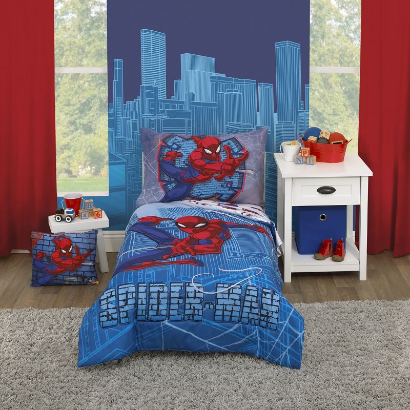 Marvel Spiderman Wall Crawler Red, White, and Blue Spider Webs 4 Piece Toddler Bed Set, 1 of 7