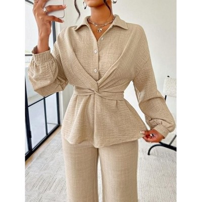 Mocamel Women's lapel tight waist shirt and casual trousers two-piece, summer leisure simple daily suitable for home, commuting.