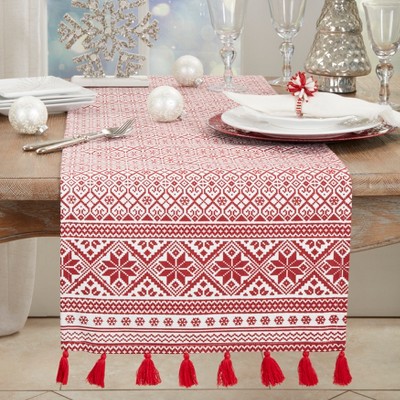Red and White Cotton Christmas Table Runner with Tassels