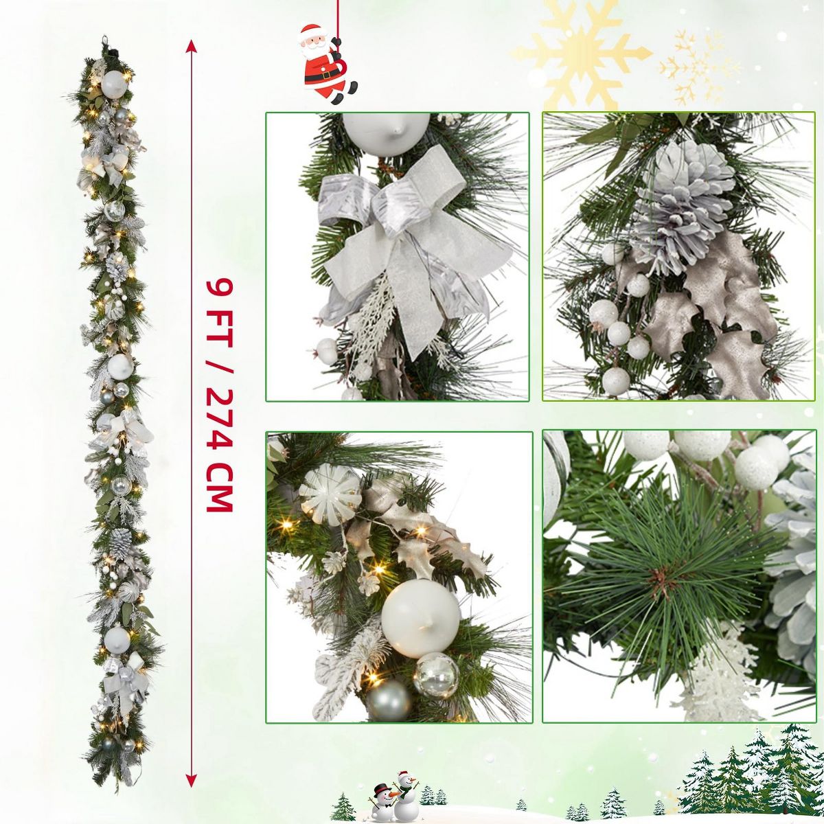 9 Ft Prelit Christmas Garland, Battery Operated Xmas Garland with Lights Silver White Ball Ornaments Pine Cones for Fireplace Door Stairs Railing - thumbnail 8