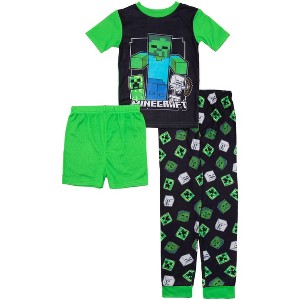 Minecraft Little/Big Boys' 3-Piece Short Sleeve, Shorts and Pants Pajama Set - 1 of 4