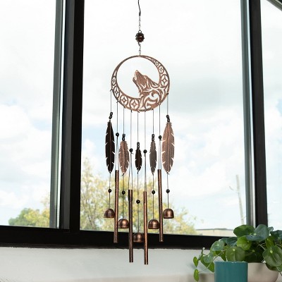 Rustic Copper Wolf Dreamcatcher Wind Chime with Feathers