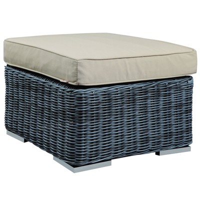 Canvas Antique Beige Sunbrella Outdoor Patio Ottoman with Rattan Weave