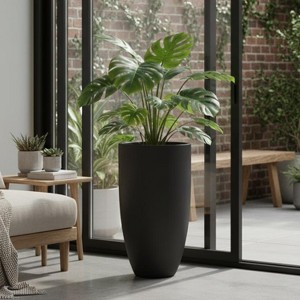 LeisureMod Crete Fiberstone Tapered Round Planter Pot with Drainage Holes, Weather-Resistant for Indoor/Outdoor Use - 1 of 4