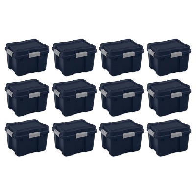 Sterilite 20 Gallon Heavy Duty Plastic Home Organizing Stackable Storage Container Tote Box with Secure Latching Lid, Blue/Gray (12 Pack)