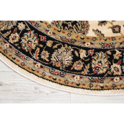 Round Black and Ivory Floral Synthetic Area Rug
