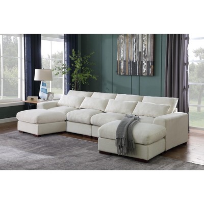 TIRAMISUBEST 112 inch Tatman Linen Blend Sectional 2 Ottomans Modular Chaise Glam Living Room Removable Cushions Minimal Tool Assembly