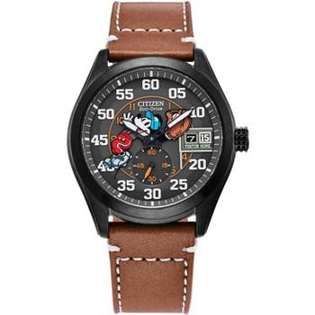 Citizen Disney Eco-Drive watch featuring Mickey Mouse 3-hand Rose Grey IP Silvertone Brown Leather Strap