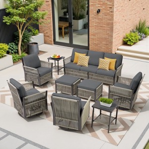 Buenhomino 9-Piece Outdoor Patio Set – PE Wicker Sofa, 4 Swivel Chairs, 2 Ottomans & 2 Tables, All-Weather Conversation Set with Cushions - 1 of 4