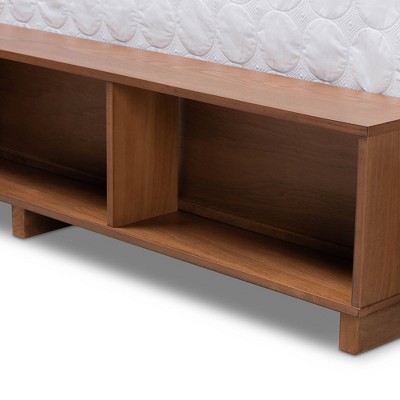 Walnut Queen Platform Bed with Gray Upholstered Headboard and Storage Drawers