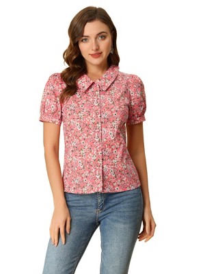 INSPIRE CHIC Women's Puff Short Sleeves Point Collar Button Down Floral Shirts