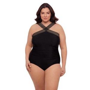Aqua Green, Women's Novelty Trim High Neck One Piece - 1 of 3